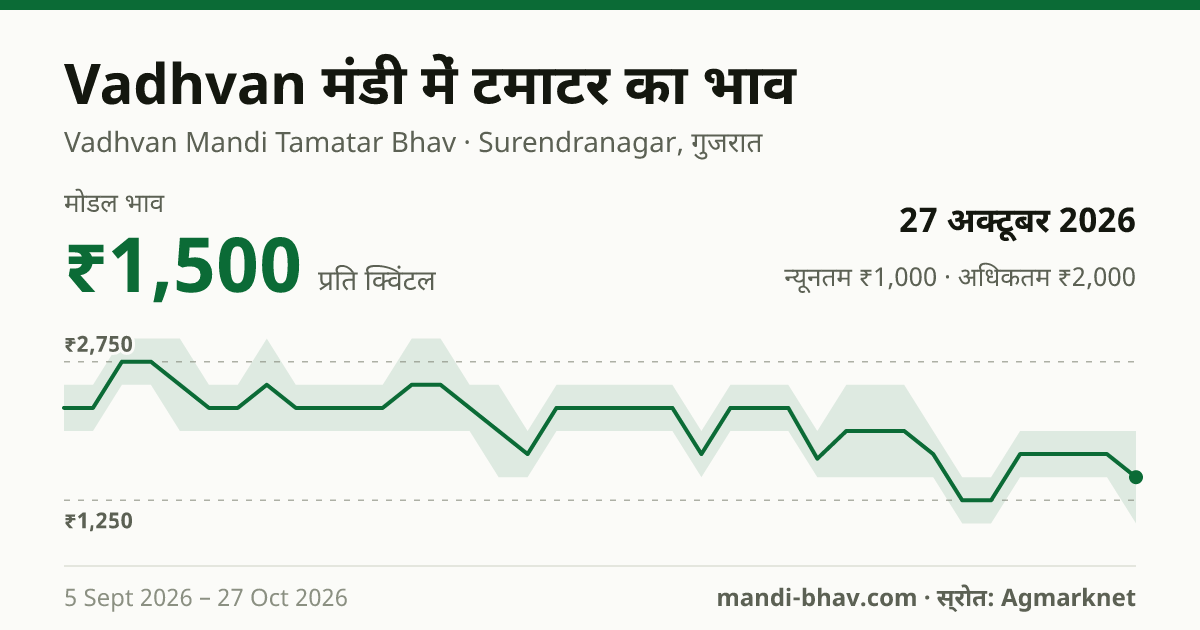 Vadhvan मंडी में टमाटर का भाव 27 अक्टूबर 2026: मोडल ₹1,500 प्रति क्विंटल, भाव के रुझान का चार्ट