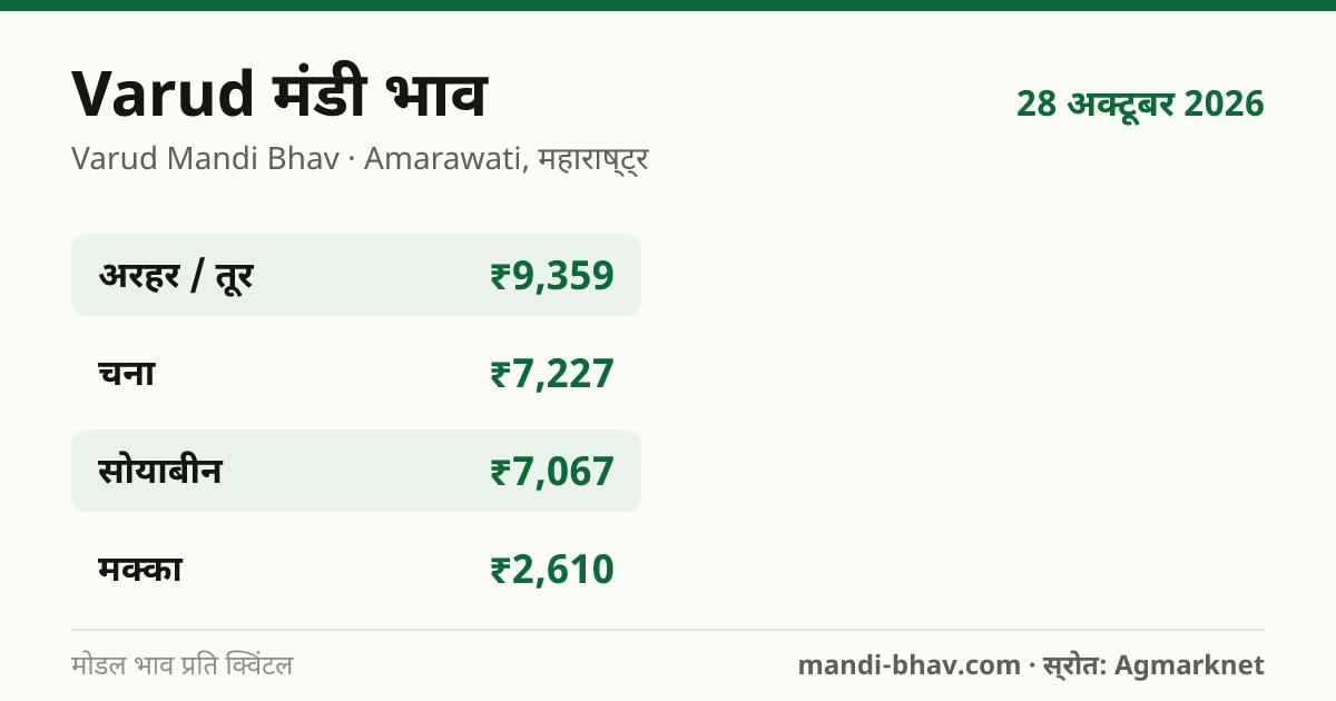 Varud मंडी भाव 28 अक्टूबर 2026: फसलवार मोडल रेट प्रति क्विंटल
