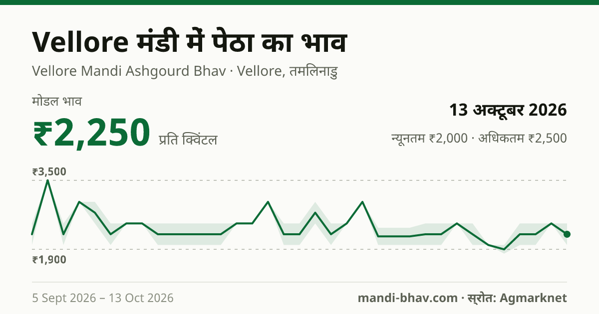 Vellore मंडी में पेठा का भाव 13 अक्टूबर 2026: मोडल ₹2,250 प्रति क्विंटल, भाव के रुझान का चार्ट