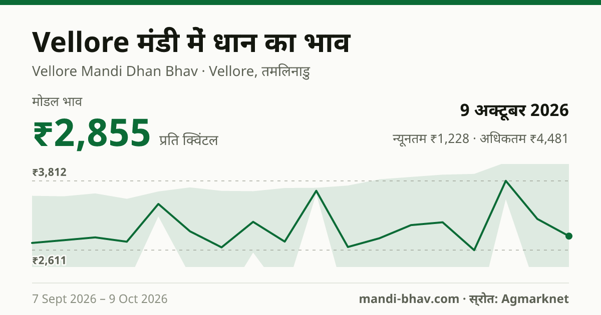 Vellore मंडी में धान का भाव 9 अक्टूबर 2026: मोडल ₹2,855 प्रति क्विंटल, भाव के रुझान का चार्ट