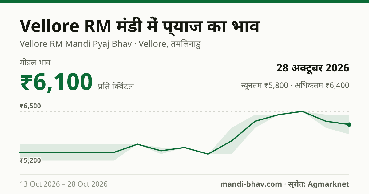 Vellore RM मंडी में प्याज का भाव 28 अक्टूबर 2026: मोडल ₹6,100 प्रति क्विंटल, भाव के रुझान का चार्ट