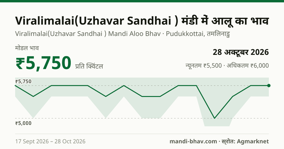 Viralimalai(Uzhavar Sandhai ) मंडी में आलू का भाव 28 अक्टूबर 2026: मोडल ₹5,750 प्रति क्विंटल, भाव के रुझान का चार्ट