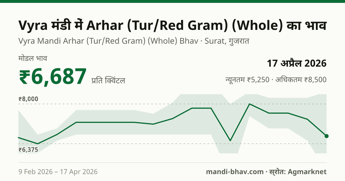 Vyra मंडी में Arhar (Tur/Red Gram) (Whole) का भाव 17 अप्रैल 2026: मोडल ₹6,687 प्रति क्विंटल, भाव के रुझान का चार्ट