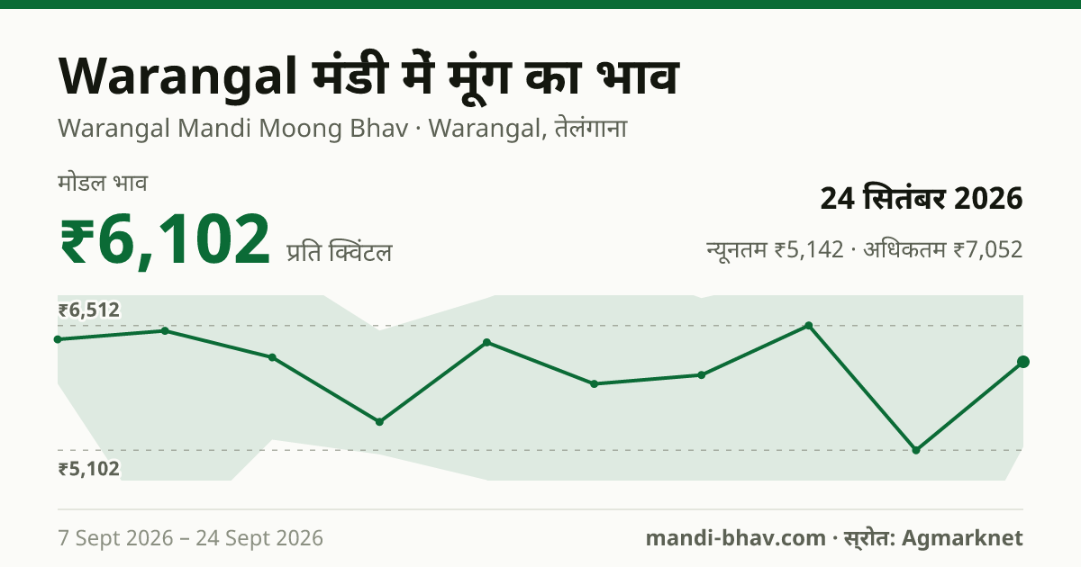 Warangal मंडी में मूंग का भाव 24 सितंबर 2026: मोडल ₹6,102 प्रति क्विंटल, भाव के रुझान का चार्ट
