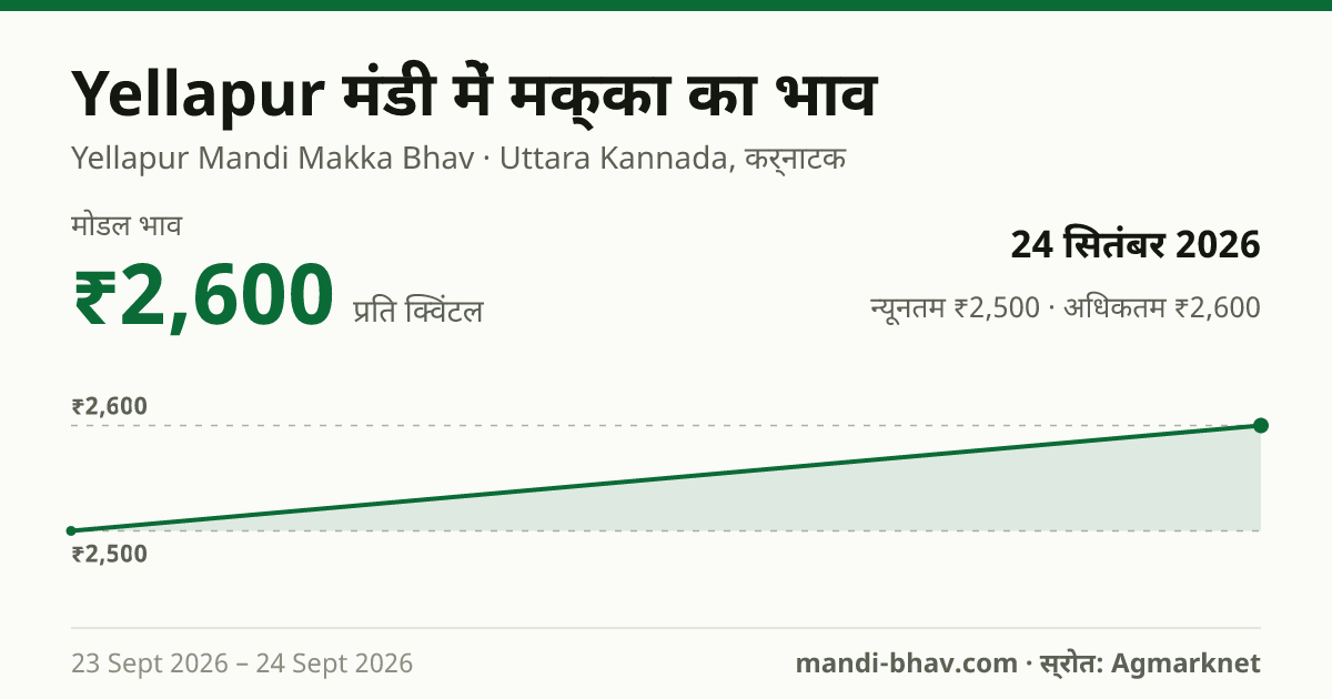 Yellapur मंडी में मक्का का भाव 24 सितंबर 2026: मोडल ₹2,600 प्रति क्विंटल, भाव के रुझान का चार्ट